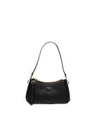 Borsa a spalla Noelle in pelle nera GUESS vista frontale con logo triangolare dorato