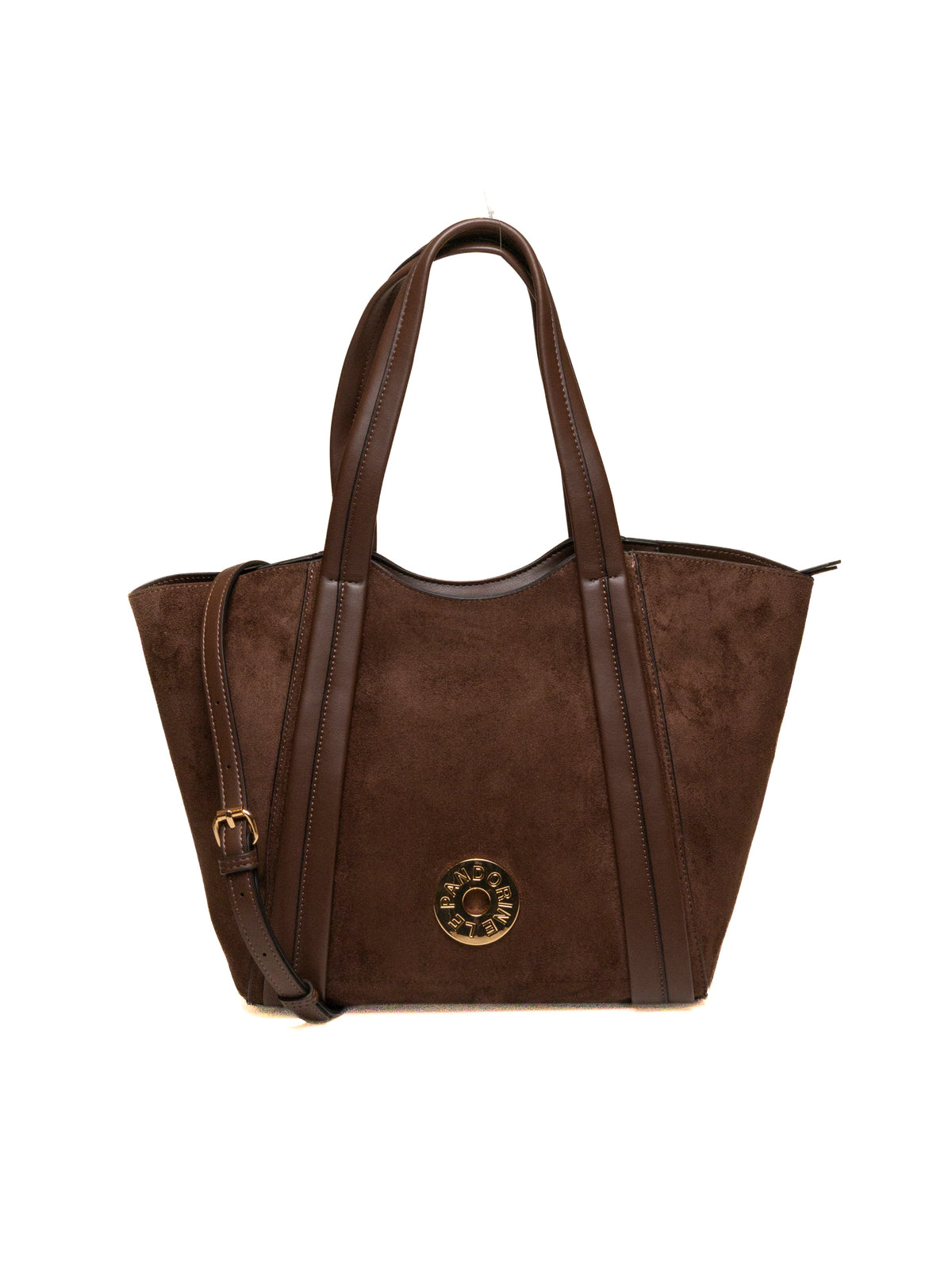 Borsa shopper Vicky in camoscio testa di moro Le Pandorine vista frontale con tracolla