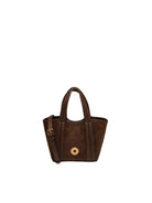 Mini tote in camoscio testa di moro Le Pandorine con ciondolo dorato e tracolla, vista frontale