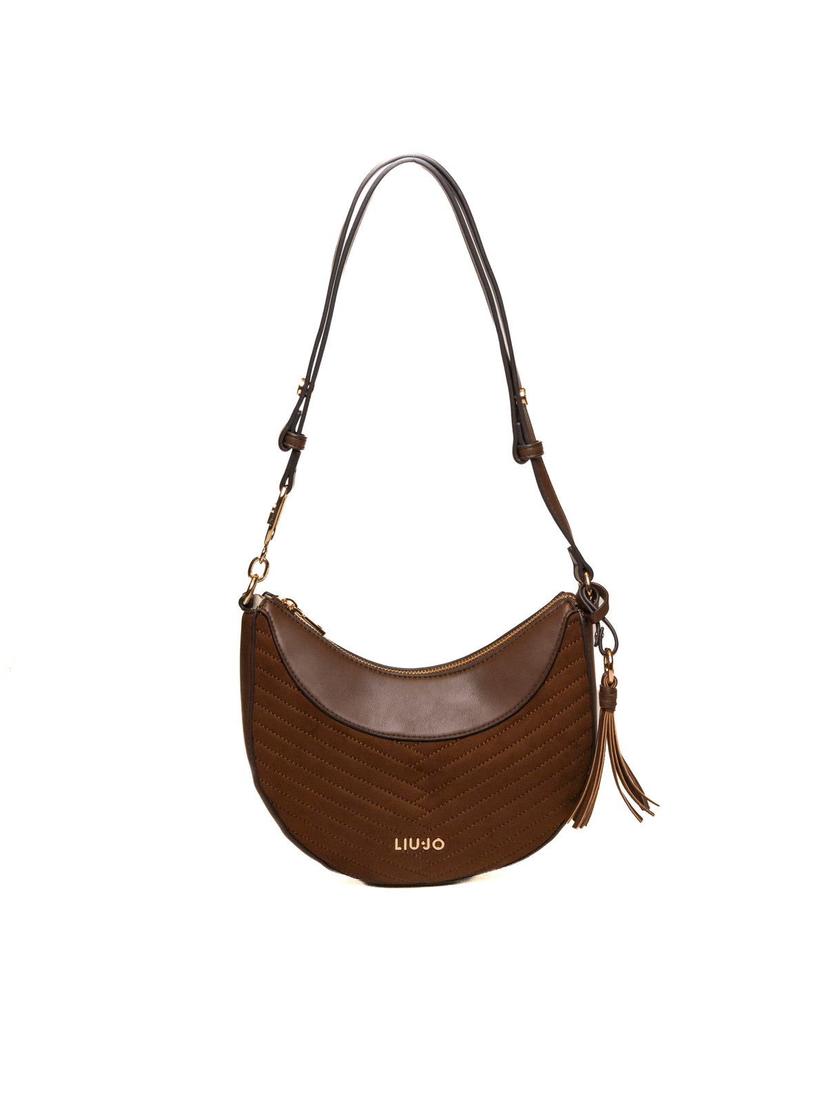 Borsa hobo in pelle e camoscio tabacco LIU JO vista frontale con logo dorato