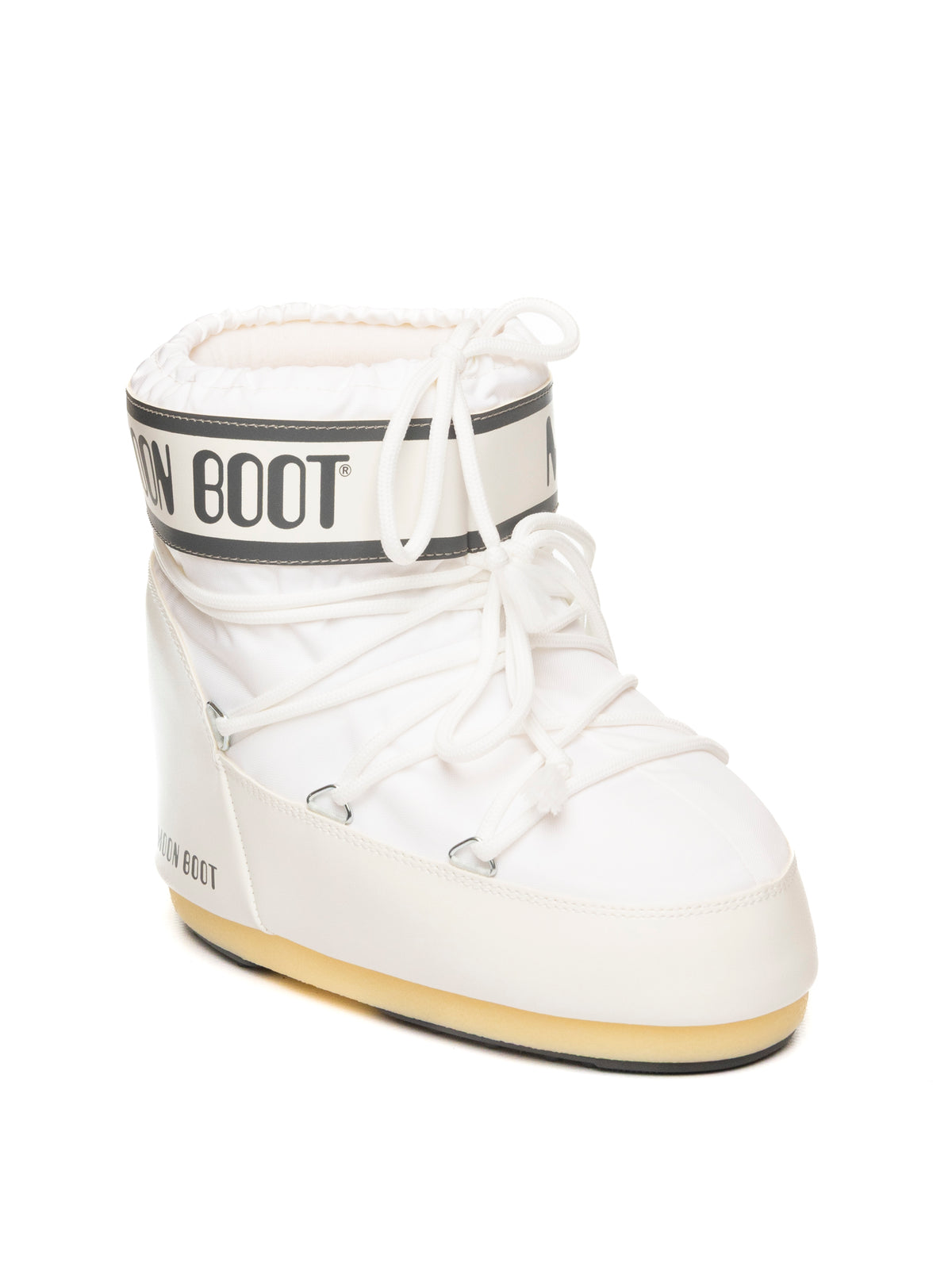 Doposci Icon Low in nylon bianco Moon Boot con vista frontale e laccio regolabile