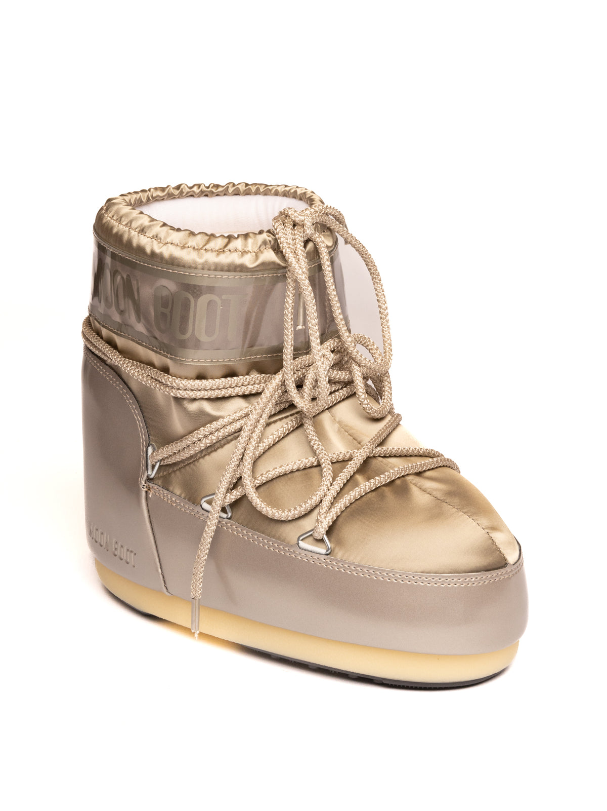 Doposci in tessuto satinato platinum MOON BOOT vista tre quarti frontale con allacciatura