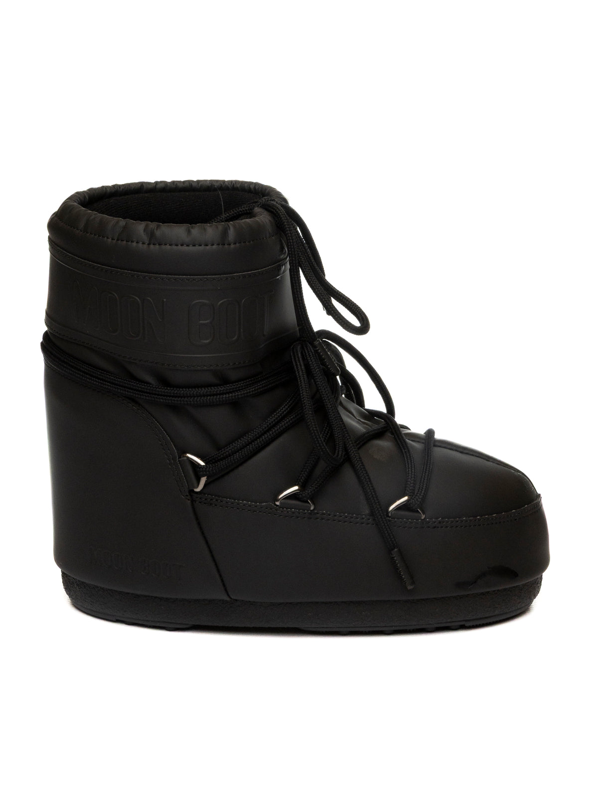 Doposci basso in materiale gommato nero Moon Boot vista laterale esterna con lacci