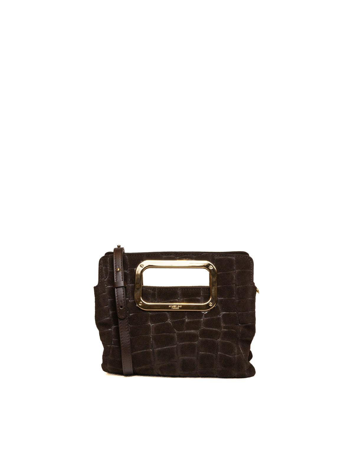Borsa a tracolla in camoscio marrone MY-BEST BAG vista frontale con dettaglio dorato