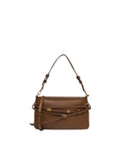 Borsa a spalla in pelle marrone PINKO vista frontale con cinghie decorative e dettagli dorati