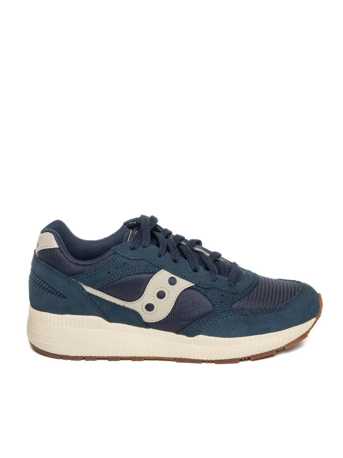 Sneaker bassa in camoscio e mesh navy Saucony vista dal profilo laterale esterno