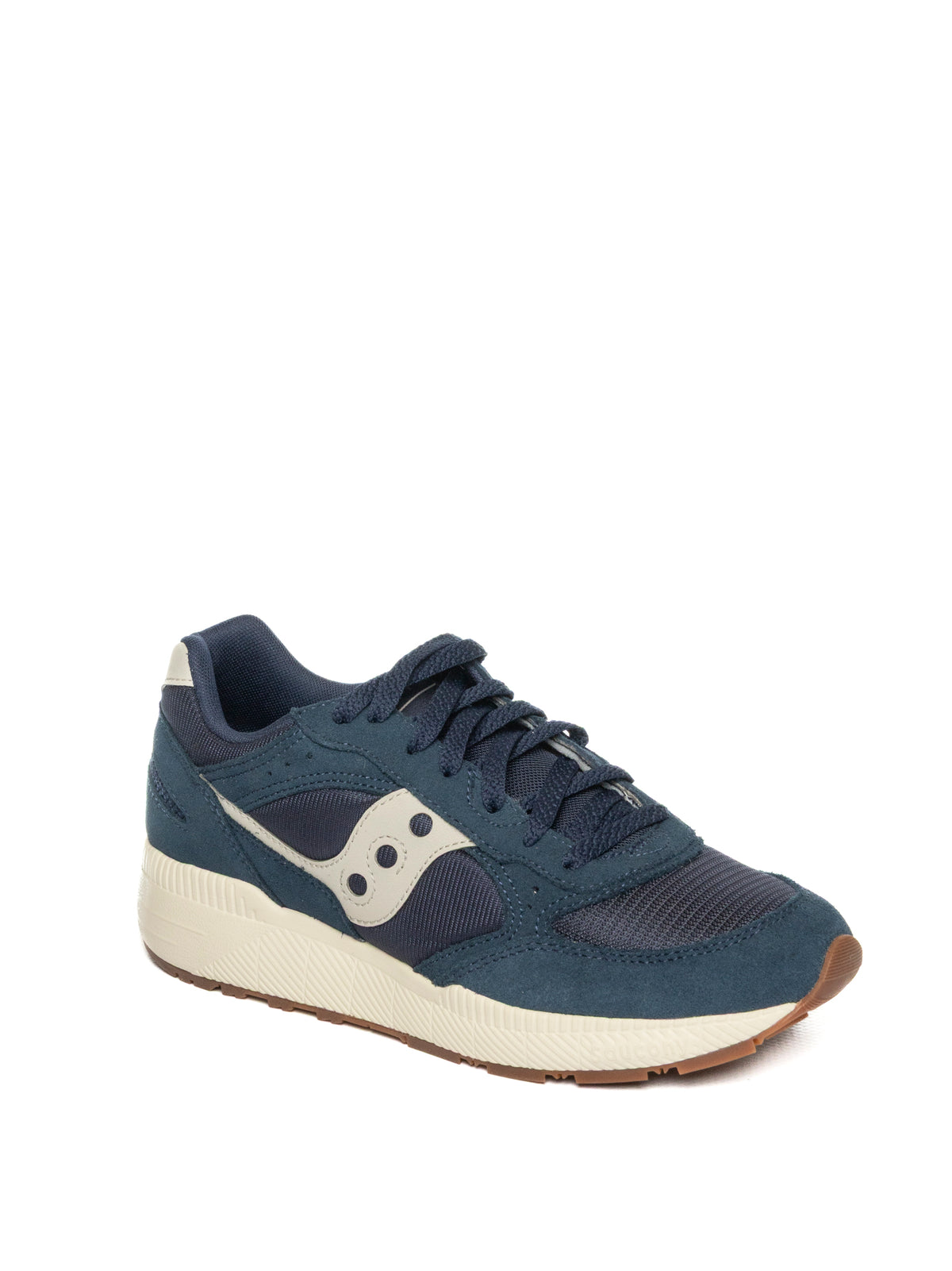Sneaker retro-running in camoscio e mesh navy Saucony in vista tre quarti anteriore