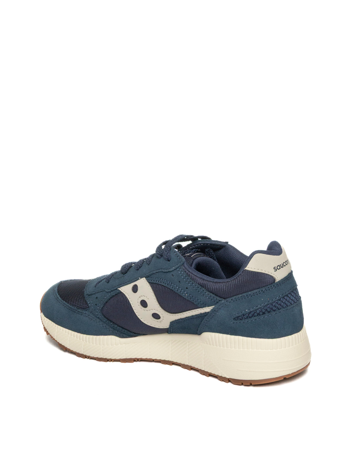 Sneaker bassa in camoscio e mesh navy Saucony vista tre quarti posteriore con tallone