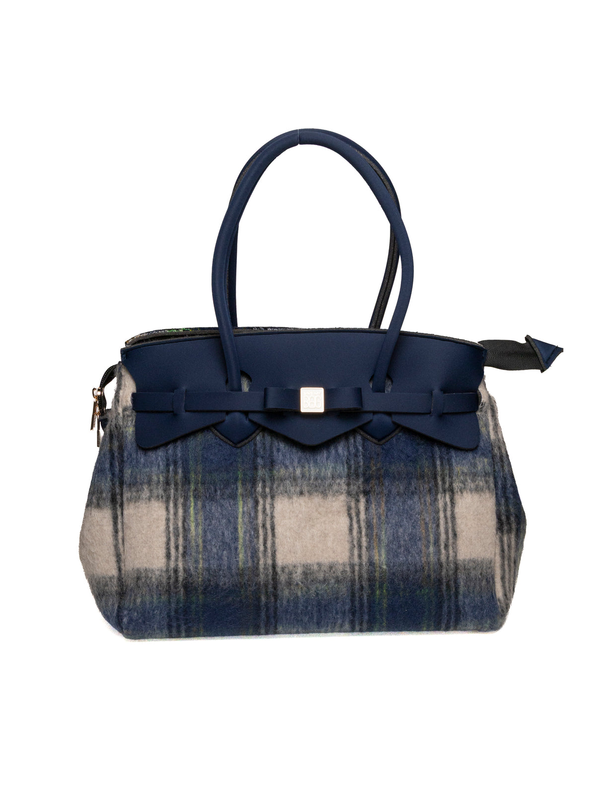 Borsa a mano in Lycra e tartan blu Save My Bag vista dal fronte.