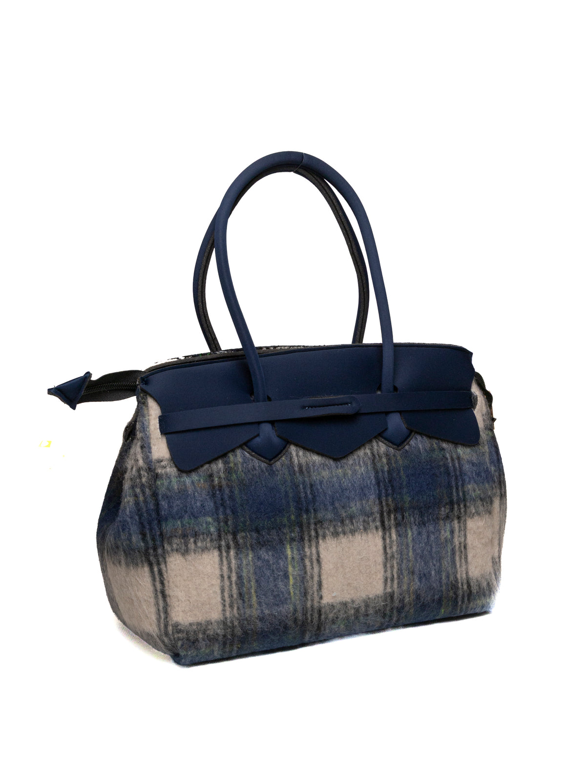 Borsa a mano tartan e Lycra blu Save My Bag vista posteriore di tre quarti.